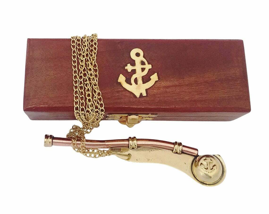 Nautical Brass Boatswain/Bosun Pipe Whistle Chain With Wooden Box Pirate  Decor